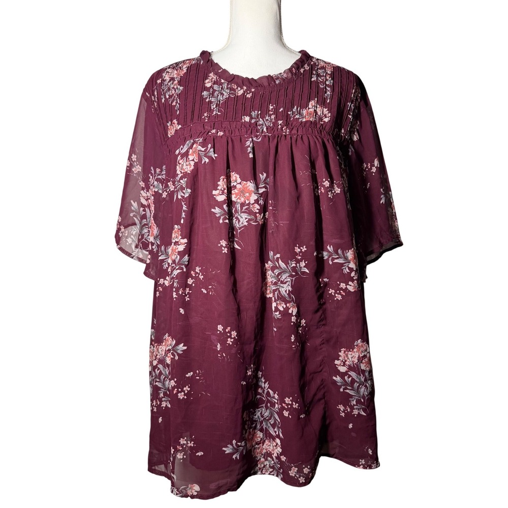 BloomChic Floral Pintuck Babydoll Tunic 22/24 Burgundy Excellent Short Sleeve